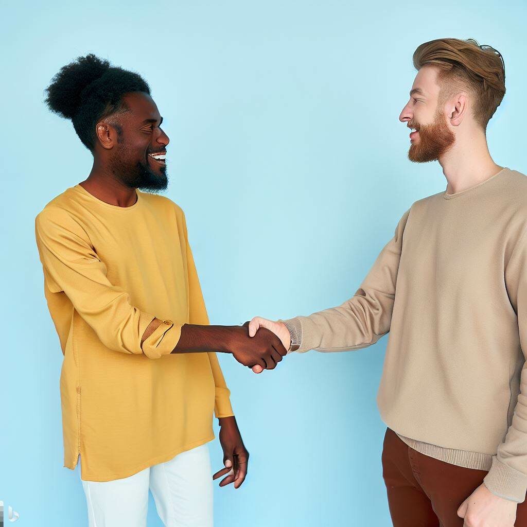 One black man and one white man shaking hands.